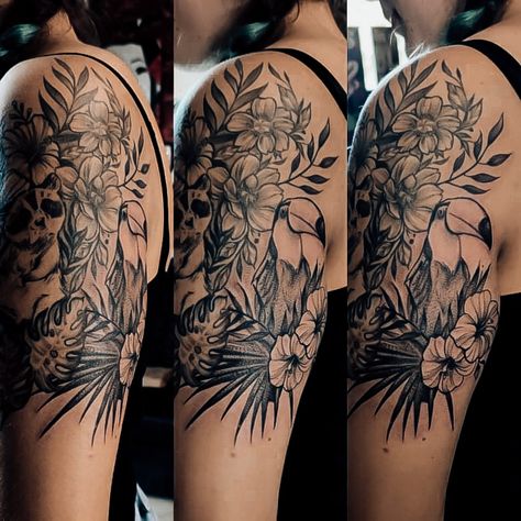 Safari Shoulder Tattoo, Jungle Tattoos For Women, Jungle Bird Tattoo, Jungle Tattoo Ideas For Women, Jungle Tattoo Sleeve Women, Jungle Themed Tattoo, Jungle Flower Tattoo, Jungle Theme Tattoo Sleeve For Women, Tropical Arm Sleeve Tattoo