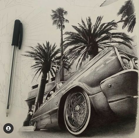 Low Rider Tattoo, Los Angeles Drawing, Cars Lowrider, Lowrider Tattoo, Lowrider Arte, Pop Culture Tattoos, Culture Tattoos, Chicano Tattoos Sleeve, Realistic Tattoo Sleeve