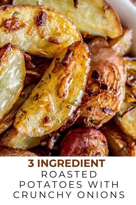 These tender roasted potatoes are made effortlessly with just three ingredients, including a simple onion soup mix that adds a burst of flavor. The dehydrated onions become crispy and delicious in the oven, making this the perfect quick and easy side dish for Thanksgiving or any meal. Oven Roasted Potatoes Russet, Roasted Potatoes Russet, Roasted Potatoes In Oven, Roasted Potatoes And Onions, Potato Side Dishes Easy, Onion Potatoes, Easy Dinner Desserts, Best Roast Potatoes, Corn Side Dish