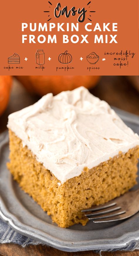 Take a spice cake mix and turn it into an easy pumpkin cake! This pumpkin spice cake is super moist because of the added milk, oil, and pumpkin puree. Pair pumpkin sheet cake with chocolate, cream cheese or spice frosting! Learn our cake mix hacks for how to make a box cake taste homemade. Easy Pumpkin Cake, Pumpkin Spice Cake Recipe, Pumpkin Cake Mix, Pumpkin Cake Easy, Pumpkin Cake Recipe, Spice Cake Mix And Pumpkin, Fall Deserts, Pumpkin Sheet Cake, Simple Desserts