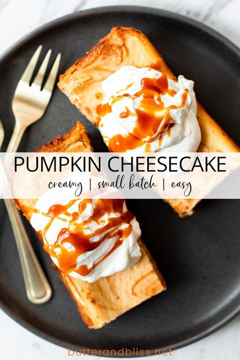 Creamy Pumpkin Swirl Cheesecake for Two! An easy recipe for thick and creamy cheesecake combining the flavors of pumpkin pie and the sweet tartness of cheesecake.  ButterandBliss.net | #smallbatch #cheesecakerecipes #pumpkinrecipes Small Batch Pumpkin Cheesecake, Cheesecake For Two, Roast Beast, Chocolate Chip Cake Recipe, Pumpkin Swirl Cheesecake, Batch Baking, Bakery Treats, Swirl Cheesecake, Pumpkin Pie Cheesecake