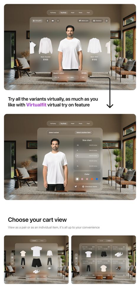 VirtualFit - Virtual Try On Spatial UI Concept :: Behance Interactive Web Design, Sublimacion Ideas, App Ideas, Solving Problems, Ux Web Design, Basic Shirts, Ui Ux Design, Ux Design, Ui Design