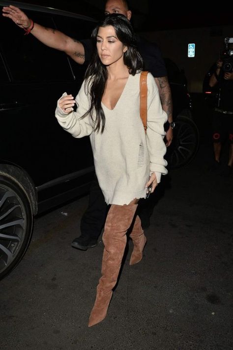 Splurge: Kourtney Kardashian’s Kim Kardashian LA Birthday Dinner $415 Helmut Lang Crema V Neck Distressed Sweater and $1,156 Yeezy Umber Tubular Thigh High Boots Birthday Dinner Outfit Winter, Dinner Outfit Winter, Birthday Dinner Outfit, Estilo Kardashian, Kourtney Kardashian Style, Cute Date Outfits, Outfit Dinner, Robert Kardashian, Distressed Sweaters