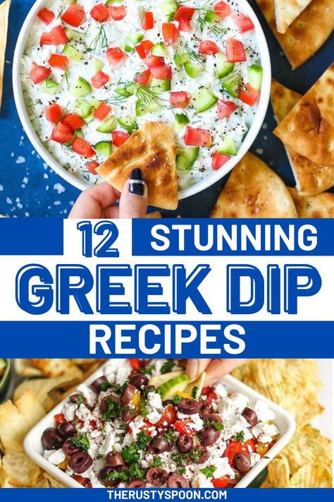 Greek Dip Recipes Greek Finger Food Party Appetizers, Mediterranean Dips Recipes, Meditterean Appetizers, Greek Dips Recipes, Mediterranean Dips And Spreads, Greek Potluck Ideas, Mediterranean Diet Appetizer Recipes, Greek Dips And Appetizers, Mediterranean Dip Recipes