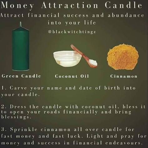 🔥𝐇𝐚𝐫𝐫𝐲'𝐬 𝗪𝐨𝐫𝐥𝐝 𝐒𝐨𝐮𝐭𝐡 𝐒𝐭𝐫𝐞𝐞𝐭🌀 on Instagram: “🙌THIS is one of the most powerful money attraction spells! 🤑🤑🤑 Although it says coconut oil, any essential oil will do! 💥Stop by and pick…” Money Candle Spell, Money Spells Magic, Candle Magic Spells, Money Attraction, Hoodoo Spells, Good Luck Spells, Money Candle, Spells For Beginners, Easy Spells