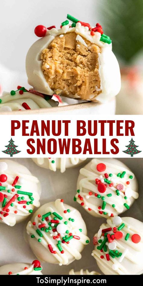 Spruce up your Christmas dessert tray with these adorable and festive Peanut Butter Snowballs! These no-bake truffles are made with creamy peanut butter and graham cracker crumbs in white candy coating and holiday sprinkles for wonderful treat this holiday season! Non Cookie Christmas Treats, Peanut Butter Snow Balls, Christmas Dessert Basket, Favorite Christmas Cookies Recipes, Easy Xmas Desserts Simple, Peanut Butter Balls With Graham Crackers, Winter Treat Ideas, No Bake Holiday Desserts, Christmas Candy Recipes Homemade Easy