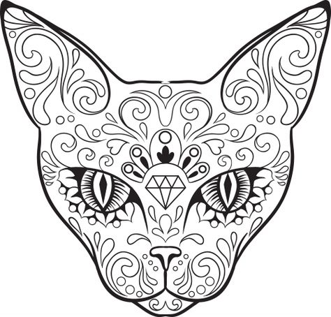 Looking for an engaging Day of the Dead activity? Look no further than this free advanced coloring sugar skull page! #advancedcoloring #sugarskulls #dayofthedead #diadelosmuertos #dayofthedeaddecoration #freecoloringpages Sugar Skull Cat, Skull Coloring Pages, Sugar Skull Tattoos, Glass Decals, Cat Coloring Page, Desenho Tattoo, Dog Tattoos, Cat Stickers, Cat Tattoo