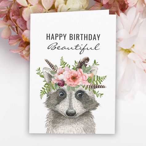 Boho Watercolor Raccoon Happy Birthday Card | #forher #raccoon #watercolorfloral #girly #boho #illustration #ichanimals #woodland #flowersandfeathers Watercolor Raccoon, Animal Birthday Card, Watercolor Birthday Card, Raccoon Illustration, Rabbit Birthday, Happy Birthday Vintage, Happy Birthday Beautiful, Unique Birthday Cards, Boho Watercolor