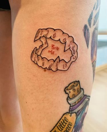 Goth Hip Tattoo, Small Quirky Tattoos, Bite Tattoo, Patch Tattoo, Sleeve Inspiration, Hellboy Tattoo, Sick Tattoos, Tattoo Toronto, Funky Tattoos