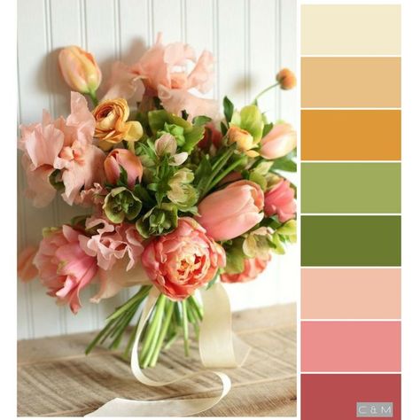 Gold, green, and pink palette from a flower arrangement. Pink Orange Wedding Flowers, Orange Wedding Flowers, Wedding Bouquets Pink, Spring Color Palette, Pink Color Schemes, Color Schemes Colour Palettes, Pink Palette, Flowers Ideas, Green Colour Palette