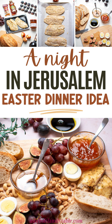 Graphic with photo collage and text that reads "A night in Jerusalem, Easter dinner idea." Palm Sunday Food Ideas, Last Supper Dinner Ideas, Last Supper Meal, Easter Main Dishes, Easter Baking Recipes, Easter Dinner Ideas, Easter Sides, Fun Easter Treats, Italian Easter Bread