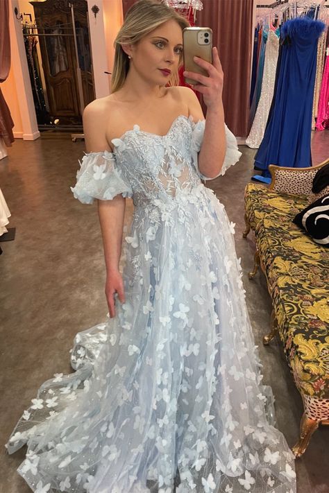 Cottagecore Corset Prom Dress, Light Blue Flower Prom Dress, Blue Fairytale Prom Dress, Light Blue Butterfly Prom Dress, Butterfly Grad Dress, Butterfly Applique Dress, Prom Butterfly Dress, Butterfly Corset Dress, Enchanted Forest Prom Dresses Blue