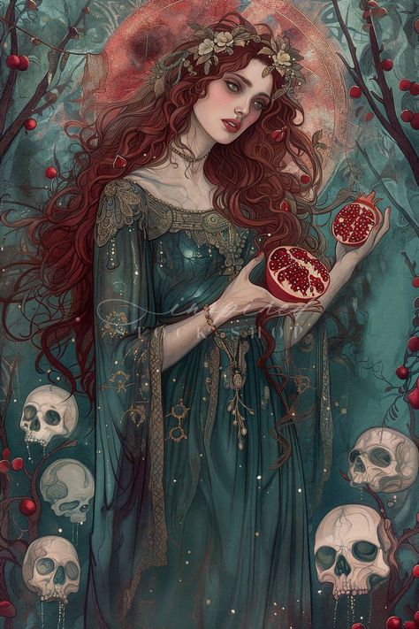 Persephone And The Pomegranate, Persephone And Hades Art Greek Mythology, Hades Persephone Aesthetic, Persephone Pomegranate Aesthetic, Persephone Goddess Art, Perspherone Goddess, Greek Underworld Aesthetic, Pomegranate Tattoo Hades And Persephone, Persephone Aesthetic Goddess