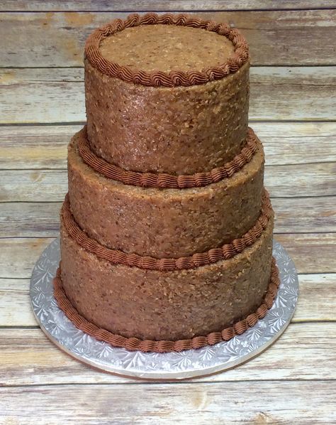 8", 10", & 12 " 3 tiered German chocolate grooms cake with chocolate buttercream borders. Chocolate Grooms Cake Ideas, German Chocolate Grooms Cake, German Chocolate Wedding Cake, Chocolate Wedding Cake Recipe, German Chocolate Cakes, Grooms Cake Ideas, Chocolate Grooms Cake, Cake Recipes Uk, German Wedding