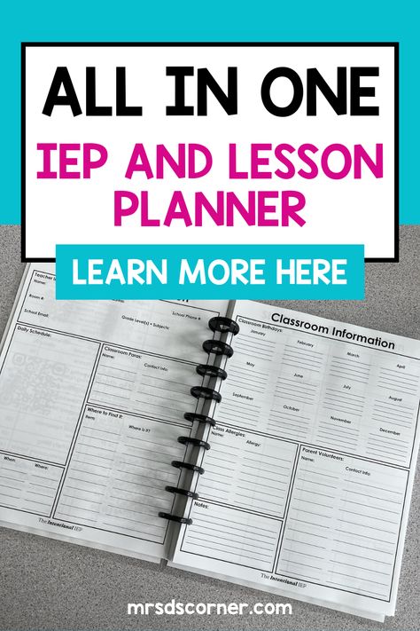 As a special education teacher, it is difficult to find an IEP Planner and a Lesson Planner all in one that works for your classroom. One with enough spots for small group planning, a curriculum calendar map, and calendars for the year... but also all the IEP stuff: IEP goal progress tracking, parent communication, IEP meeting notes… And having two teacher planners is annoying until now. The Special Educator's All-in-One IEP Planner is your solution to having all of the things all in one place Iep Checklist Special Education, Special Education Planner, Special Education Teacher Planner, Middle School Special Education Classroom, Iep Goal Bins, Iep Bins, Special Education Resource Classroom, Iep Planner, Special Education Resource Teacher