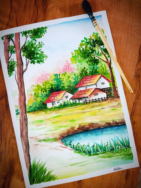 Bonito, Nature Art Drawings Creative, Watercolour Painting For Beginners, Watercolor Scenery Painting, Scenary Paintings, Easy Watercolour Painting, Easy Nature Paintings, Landscape Painting For Beginners, House Scenery