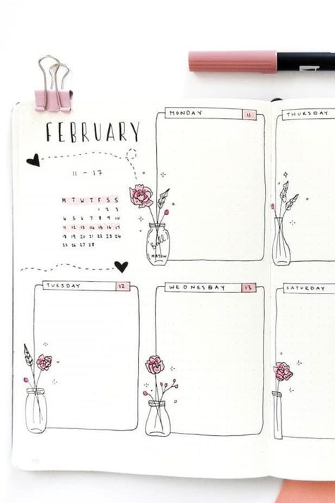 I love how cute this weekly spread is! Those little flower doodles are super cute 🌹 Bullet Journal Weekly Spread Ideas, Peta Pikiran, Bullet Journal Week, Weekly Spread Ideas, Weekly Log, Crazy Laura, February Bullet Journal, Journal Weekly Spread, Ideas Journal