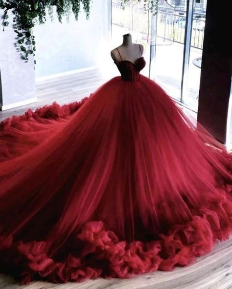 Wedding Dresses Ball Gown Color, Red Ball Gown Wedding Dress, Red Gowns Elegant Ball, Big Pretty Dresses, Red Ballgown Dress, Red And Purple Wedding Dress, Black And Red Dress Formal Ball Gowns, Crimson Wedding Dress, Silk Quinceanera Dresses