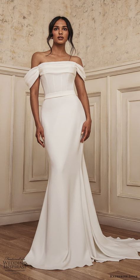 Straight Across Off The Shoulder Wedding Dress, Minimalist Fit And Flare Wedding Dress, Minimalist Wedding Dress Sleeve, Minimalist Bridal Gown, Bridal Off Shoulder, 2023 Wedding Dresses, Off Shoulder Wedding Gown, Straight Wedding Dresses, Bridal Gown Inspiration