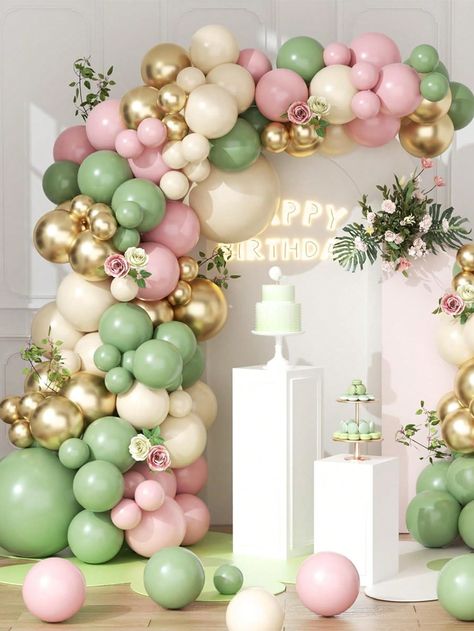 Sage And White Balloon Garland, Sage Green And Pink Balloon Arch, Green Pink And Gold Birthday Party Decor, Sage Green And Pink Birthday Decor, Sage Green Birthday Party Decorations, Green And Pink Party Decor, Pink And Green Birthday Decorations, Pink And Green Balloon Arch, Pink And Green Birthday Party