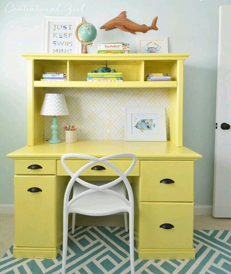 Yellow Painted Furniture, Kids Room Desk, Yellow Desk, Repainting Furniture, Study Table Designs, Kids Study Table, Painted Desk, Decorating Diy, Furniture Logo