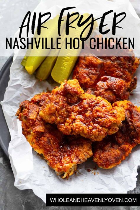 Air fryer Nashville hot chicken is a healthier version of the classic spicy fried chicken! Crispy buttermilk-soaked chicken thighs are fried until perfectly crispy and brushed in a spicy cayenne sauce. Fried Chicken Thighs Boneless, Air Fryer Nashville Hot Chicken, Nashville Fried Chicken, Fried Chicken Crispy, Nashville Hot Chicken Recipe, Hot Chicken Recipe, Hot Chicken Sandwiches, Air Fryer Fried Chicken, New Air Fryer Recipes