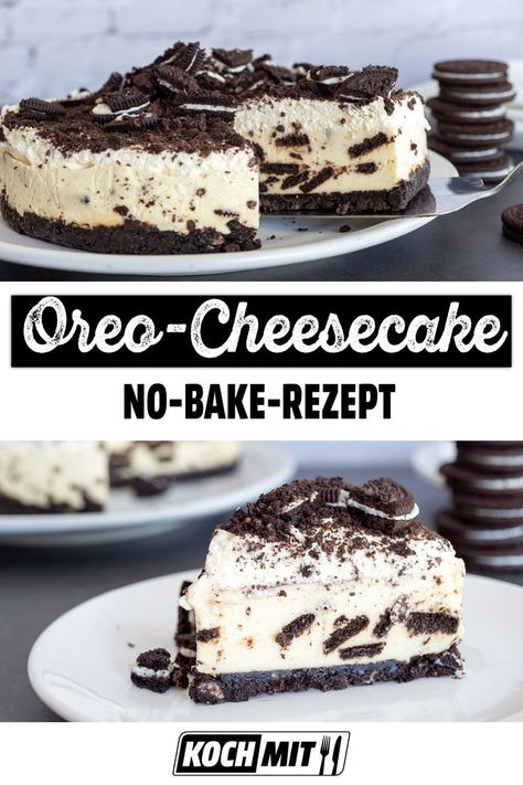 Kuchen mit ganz viel Doppelkeks: Beim Oreo-Cheesecake besteht nicht nur der Boden aus den leckeren Keksen, auch in den Tortenstücken stecken jede Menge Oreos! Wenn du auf die dunklen runden Leckereien stehst, ist unser Rezept ideal für dich. Fans der schokoladig-herben und zugleich süßen Oreo-Kekse werden diesen Kuchen lieben und nicht genug davon bekommen. Unser Oreo-Cheesecake ist schön schnell zubereitet, denn er kommt ohne Backofen aus. Oreo Cheesecake, Sweet Recipes, Oreo, Delicious Desserts, Food To Make, Clean Eating, Cheesecake, Dessert, Healthy Recipes