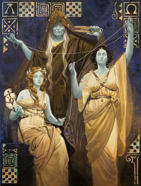 Cover artwork for the tabletop game 'Moirai', based on the fates of the greek mithology, Clotho, Lachesis and Atropos. The Fates Art Greek Mythology, The Moirai Goddesses, Clotho Lachesis Atropos, The Fates Mythology Art, The Moirai Aesthetic, The Fates Aesthetic, The Fates Mythology, Fates Greek Mythology, Greek Fates