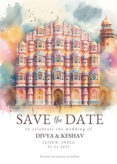 Jaipur Destination Wedding Save the Date | Dr New Save The Date Ideas, Jaipur Wedding Invite, Save The Date Ideas Wedding, Wedding Save The Date Ideas, Wedding Reel, Save The Date Invites, Save The Date Watercolor, Digital Wedding Card, Destination Wedding Save The Date