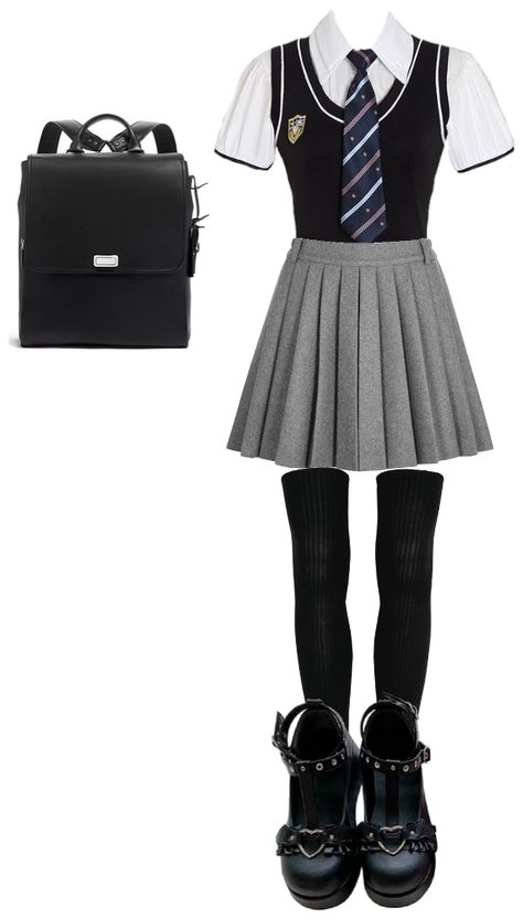 School Skirt Outfits, Outfit Ideas For High School, Back To School Outfit Ideas, School Outfit Ideas, Outfit Korean Style, School Uniform Fashion, School Uniform Outfits, School Skirt, Grey Skirt