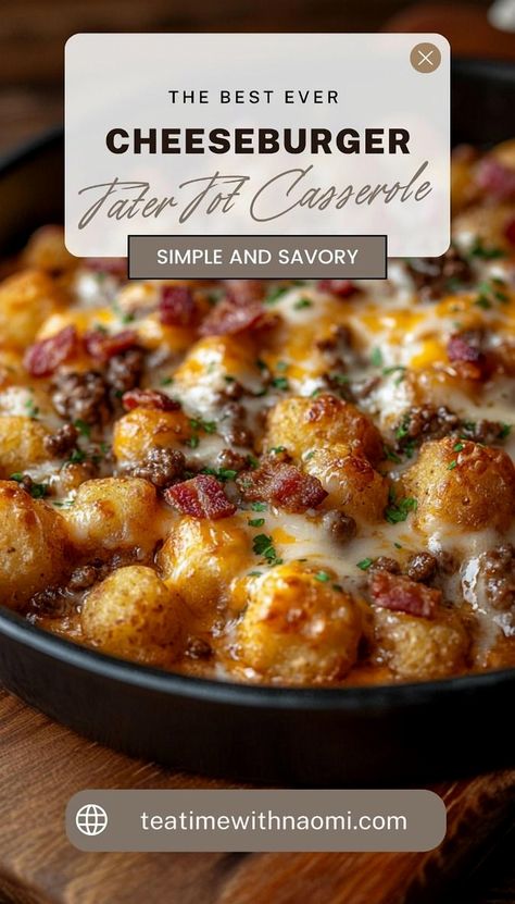 Indulge in the cozy flavors of our Cheeseburger Tater Tot Casserole, where savory ground beef meets gooey cheese and golden tater tots. This delightful dish is ideal for family gatherings or impressing guests at your next potluck. Treat yourself to this comforting classic tonight and savor every bite. Hamburger Supper Recipes, Cheese Burger Tater Tot Casserole, Tater Casserole, Bacon Cheeseburger Tater Tot Casserole, Tater Tot Hot Dish, Tot Recipes, Cheeseburger Tater Tot Casserole, Tater Tot Casserole Recipe, Tater Tot Recipes