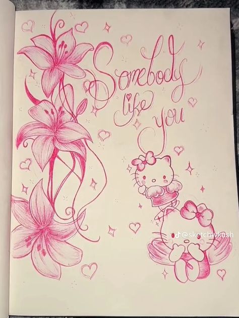 Bored Art Drawings, Visual Journal Drawings, Notebook Doodles Ideas, Hello Kitty Flower Tattoo, Hello Kitty And Dear Daniel Coloring, Hello Kitty Pen Drawing, Drawing Ideas On Lined Paper, Aesthetic Color Pencil Art, Patterns To Draw When Bored