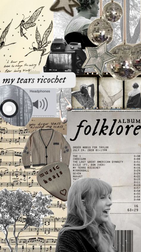 Folklore Collage Wallpaper, Taylor Swift Song Collage, Folklore Scrapbook, Folklore Taylor Swift Aesthetic Wallpaper, Eras Wallpaper, Folklore Collage, Taylor Wallpaper, Swift Outfits, Taylor Swift Party