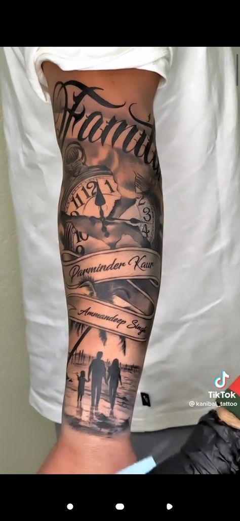 Half Sleeve Family Tattoo For Men, Family Leg Sleeve Tattoo, Family Themed Tattoos For Men, Wife And Son Tattoo For Men, Family Tattoos For Men Sleeve, Mom Tattoo For Men Forearm, Family Tattoos For Men Arm Half Sleeves, Tattoo Family Ideas Men, Family Leg Tattoo