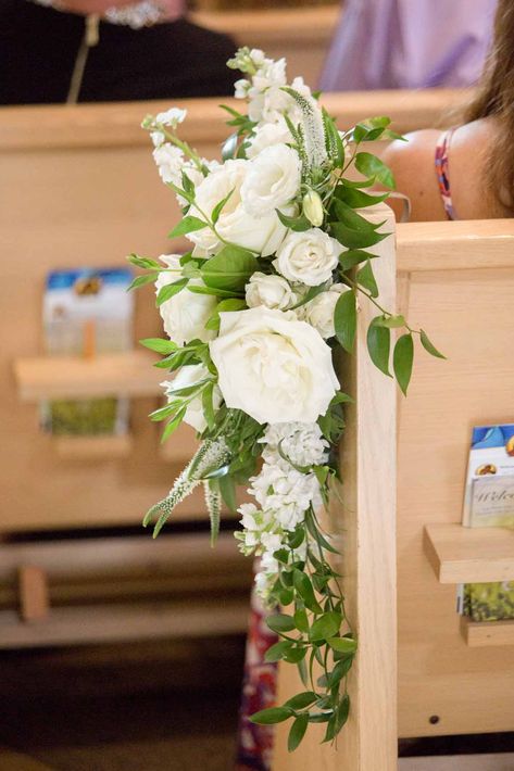 Wedding aisle decor, all white floral and lush greenery for every pew going down the ceremony aisle | FLORA NOVA DESIGN Flowers For Pews Wedding, Small Wedding Aisle Decorations, White Pew Ends, Pew Wedding Flowers, Isle Pew Decorations Wedding, Pew Hangers Aisle Decorations, Pew Florals Wedding, Flowers On Pews Wedding, Pews Decorations Church