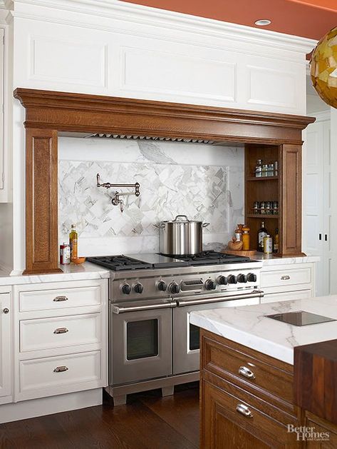 Recessed Stove Kitchen, Built In Kitchen Range Hood Ideas, Marble Shelf Over Range, Stove On The End Of Counter, Range Surround Ideas Kitchen, Hood With Spice Storage, Stove With Open Shelving, Kitchen With Fridge And Range On Same Wall, Range Hood With Pot Rack