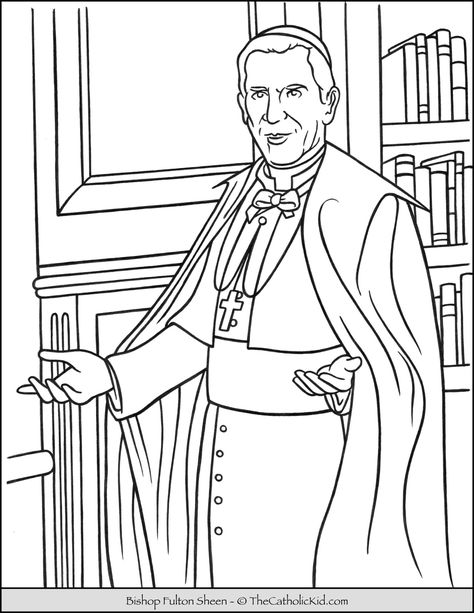 Bishop Fulton Sheen Coloring Page - TheCatholicKid.com Saint Coloring, Fulton Sheen, Santi Cattolici, Catholic Art, Free Printable Coloring Pages, Printable Coloring Pages, Coloring Sheets, Coloring Pages For Kids, Coloring Page