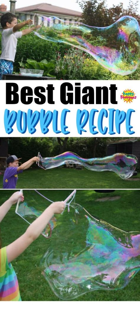 This giant homemade bubbles recipe makes the biggest bubbles ever, and it's made with 5 kitchen ingredients. Great for backyard birthday parties, family BBQs, and school events. Get the easy recipe here! #HappyHooligans #KidsActivities #Kids #Activities #Bubbles #Backyard Activities #Party Activities #HomemadeBubbles #PlayIdeas #HomeDaycare #OutdoorActivities Homemade Bubbles Recipe, Outdoor Birthday Parties, Giant Bubble Recipe, Bubbles Recipe, Bubble Recipe, Play Outdoor, Homemade Bubbles, Backyard Activities, Kitchen Ingredients