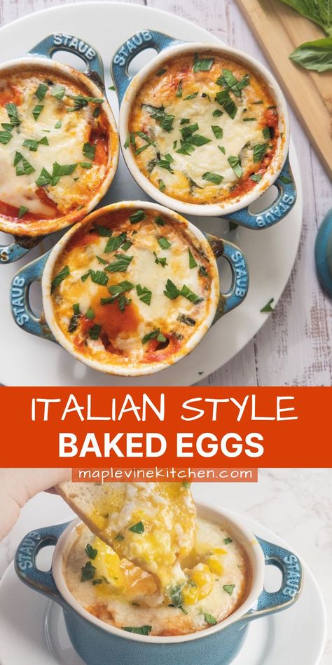 Introducing our Easy Italian Baked Eggs recipe, perfect for your next Sunday brunch. With Marcella's famous rich tomato sauce, gooey melted cheese, and tender eggs in every bite, this simple mini cocotte recipe is an elevated twist on a classic brunch dish. Don't miss out on this delectable, easy to follow baked eggs en cocotte recipe. Follow us for more simple seasonal recipes with a little bit of fancy! Mini Cocotte Recipe Breakfast, Mini Dutch Oven Recipes Breakfast, Baked Eggs In Tomato Sauce, Le Creuset Cocotte Recipes, Mini Cocotte Recipe Dinners, Eggs En Cocotte Recipe, Mini Cocette Recipes, Mini Le Creuset Recipes, Mini Oven Recipes