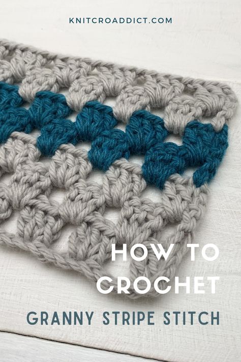 Crochet Granny Stripe Stitch Tutorial - KnitcroAddict Granny Stripe Crochet Video Tutorial, Granny Stitch Crochet Video Tutorial, Crochet Granny Stripe Blanket Pattern, Crochet Stiches For Beginners Step By Step How To Make, Granny Stitch Border, Easy Stitch Crochet, Grandma Stitch Crochet, Chain Stitch Crochet Blanket, Open Square Crochet Stitch