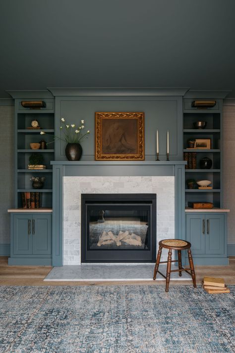 Fireplace Builtins Decor, Fireplace And Bookcases Built Ins, Bookshelf Around Fireplace, Fireplace Bookshelves Built In, 1940s Fireplace, Farmette Ideas, Craftsman Fireplace With Built Ins, Built Ins Next To Fireplace, Built In Shelves Around Fireplace