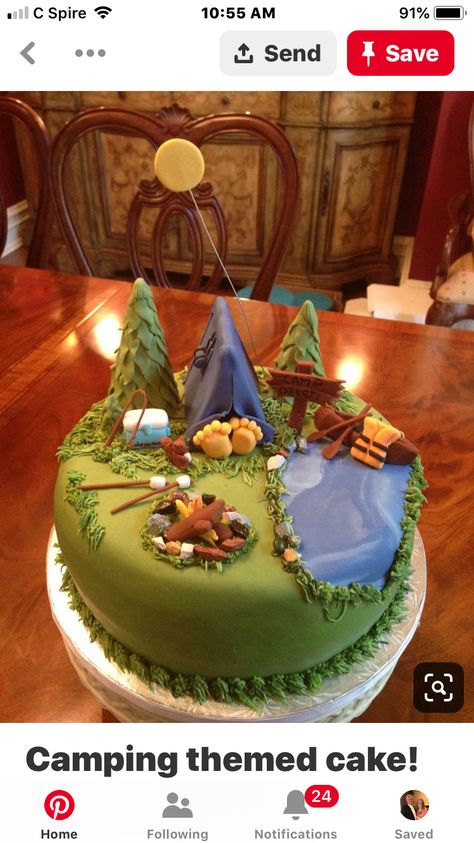 Camping Themed Cake, Camping Birthday Cake, Camping Cake, Campfire Cake, Camping Cakes, Cake Liner, Camping Birthday Party, Cake Decorating Ideas, Summer Cakes