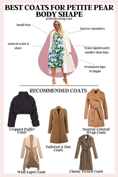 Classic Trench Coat Winter Outfit For Pear Shaped Women, Winter Outfits Pear Shape, Petite Pear Shape Outfits, Outfits For Pear Shaped Women, Styling Basics, Pear Body Shape Fashion, Puffer Coat Style, Pear Shaped Dresses, Pear Shaped Outfits