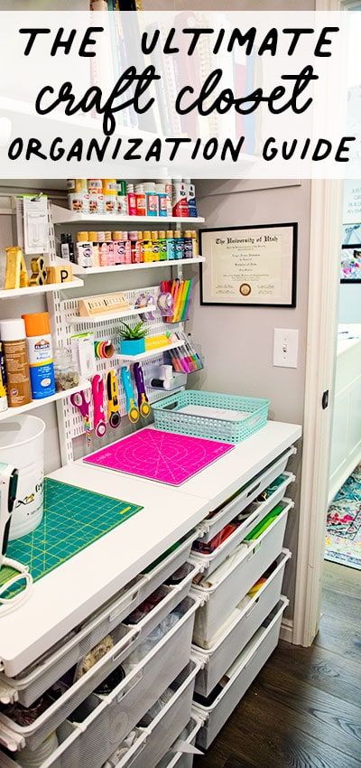 Ikea Craft Closet Organization, Walk In Craft Closet Organization, Art Supply Closet Organization Ideas, Craft Office Closet Organization, How To Make A Craft Closet, Crafting Closet Organization, Craft Room Closet Organization Ideas, Scrapbook Closet Organization, Closet Converted To Craft Space