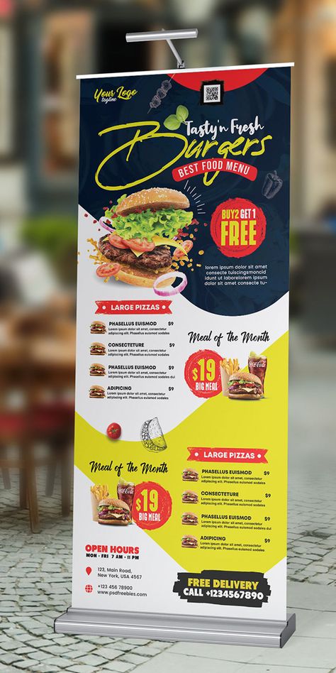 Creative Restaurant Shop Roll-Up Banner PSD on Behance Momo Logo, Daftar Menu, Papan Menu, Standing Banner, Poster Promo, Rollup Design, Standing Banner Design, Rollup Banner Design, Roll Up Banner Design