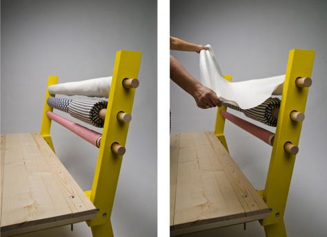 Love the idea of using fabric bolts to make a bench via @Design Milk Fabric Bolt Storage Ideas, Fabric Bolt Storage, Bolt Storage, Storage Seating, Sewing Room Design, Fabric Bench, Dream Craft Room, Sewing Space, Bench Designs