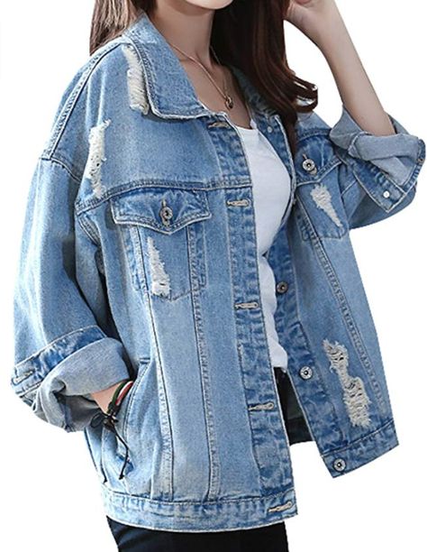 FOR SALE: Yasong Women Girls Loose Fit Long Sleeve Vintage Denim Light Wash Faded Ripped Boyfriend Jean Jacket Boyfriend Jean Jacket, Ripped Denim Jacket, Boyfriend Denim Jacket, Jean Jacket Outfits, Trendy Swimwear, Jean Jacket Women, Boyfriend Jean, Vintage Denim Jacket, Denim Coat Jacket