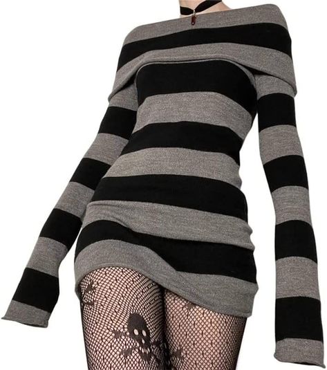 Moda Grunge, Outfits 90s, Striped Knit Dress, Goth Dress, Grunge Vintage, Long Sleeve Knit Dress, Long Sleeve Short Dress, Mini Sweater Dress, Slim Fit Dresses