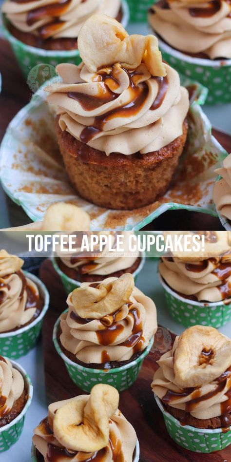 Easy and autumnal toffee apple cupcakes with a brown sugar apple sponge, toffee buttercream frosting and more! Toffee Buttercream, Sponge Toffee, Toffee Cake, Janes Patisserie, Simple Family Meals, Apple Cupcakes, Fun Cupcake Recipes, Apple Muffins, Toffee Apple