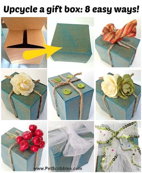 Decorate gift box ideas: use glitter paint, twine, ribbon, buttons, fabric flowers and more to dress up a plain gift box. Use what you have, and save what you receive! Gift Box Ideas, Gift Boxes Decoration, Handmade Gifts Diy, Wedding Gift Boxes, Phone Hacks, Container Garden, Christmas Gift Box, Autumn Wreaths, Box Ideas